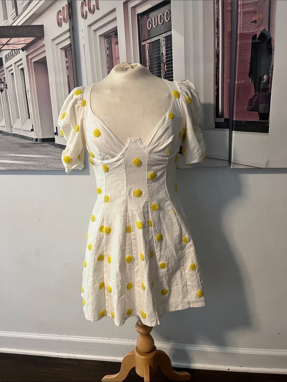 For Love & Lemons White Mini Dress with Yellow Polka Dots